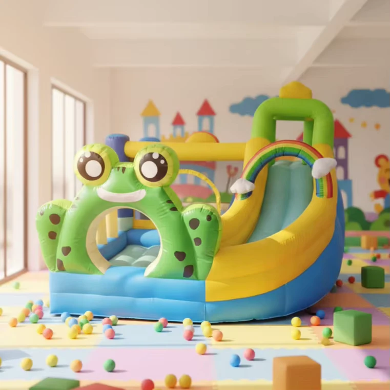 Castelo Inflável em Design de Sapo com Escorrega e Piscina para Brincar em Ambientes Internos e Externos