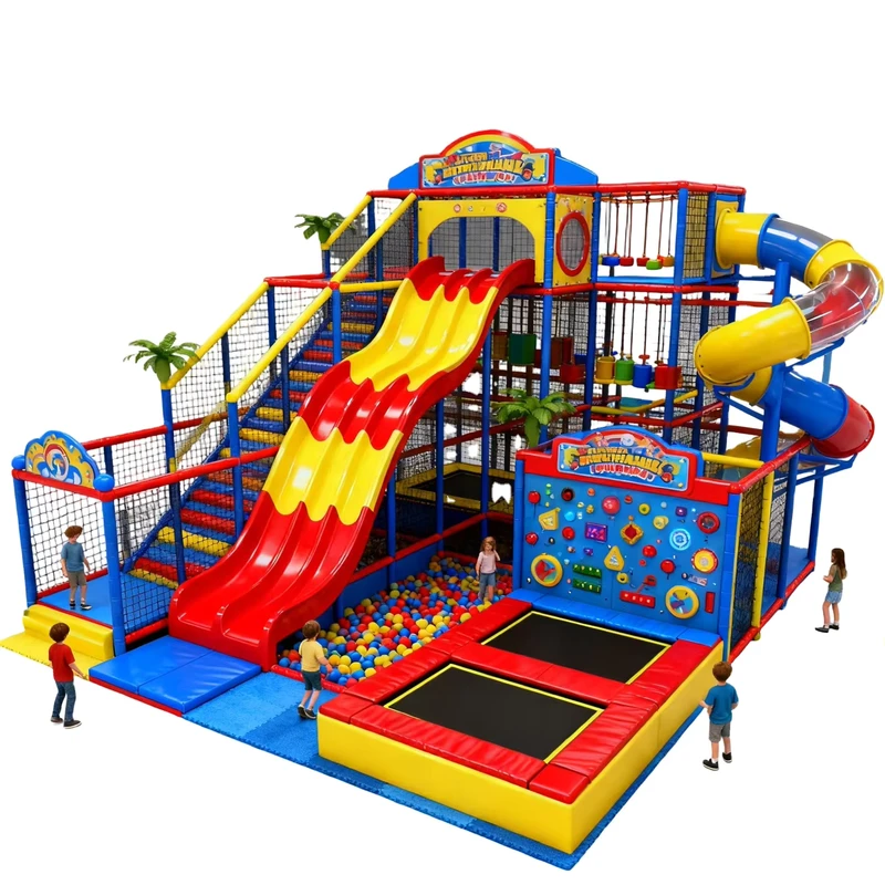 Divertido parque de atracciones interior con toboganes iluminados, desafíos de rompecabezas, trampolines circulares y paseos a caballo para niños