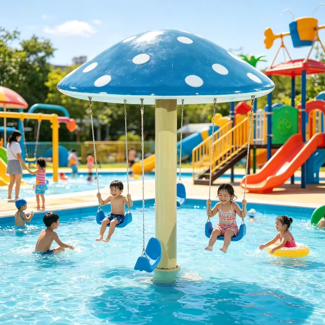 Fun Mushroom Spinning Swing Fiberglass Water Play Equipment Kids Park Interactive Facility For Resort Pool
