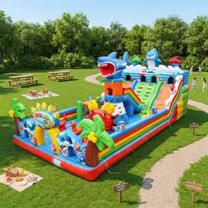 Funcity EN14960 Certificated Shark Theme Jumping House Outdoor Commercial Giant Inflatable Combo Bouncer Slide for Kids Adult