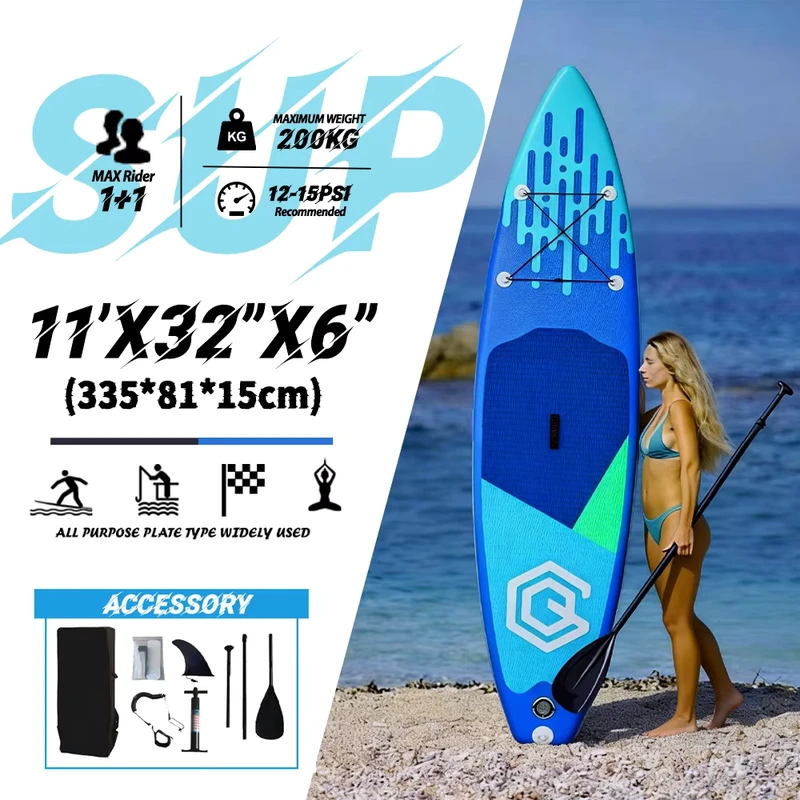 Planche de paddle gonflable GQ 11 pieds, capacité de 200 kg, planche SUP pour deux personnes avec accessoires pour sports nautiques