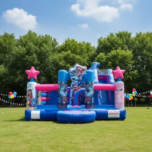Castillo hinchable Galaxy Star con picos de estrella rosa y gráficos de personajes de dibujos animados para fiestas y centros de juego al aire libre