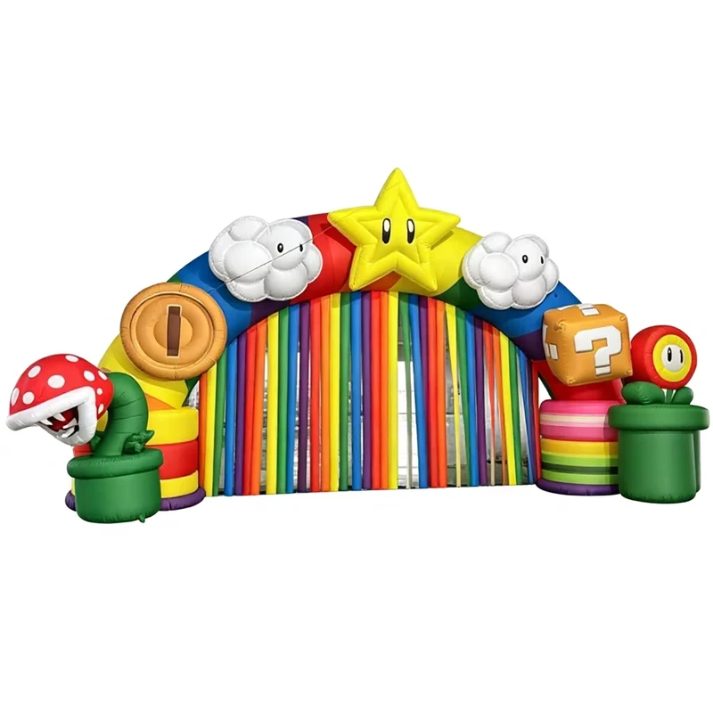 Arco inflable de arcoíris con temática de juego y globo con ventilador incorporado para eventos y parques de atracciones
