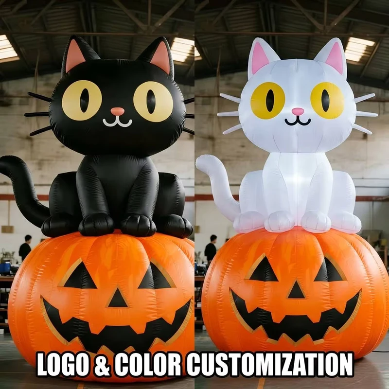 Decoração Inflável de Halloween em Forma de Gato Fantasma com Abóbora, Ventilador Embutido, Balão Gigante para Festa em Casa Assombrada no Jardim