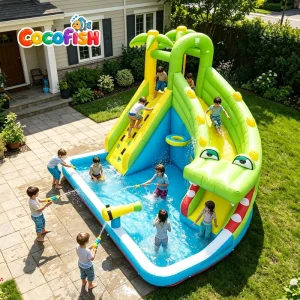 Giant Croc Inflatable Water Slide Pool Dual Slide Backyard Kids Splash Water Park with Sprayer & Water Cannon
