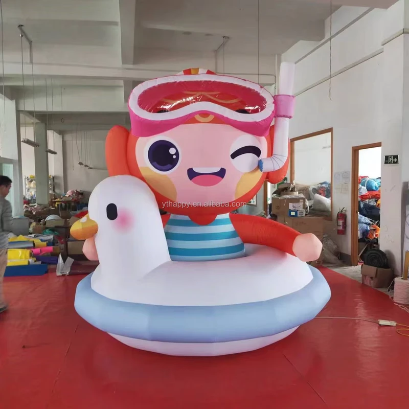 Maskot Boy Diving Inflatable Kustom Raksasa dengan Cincin Renang Karakter Tema Musim Panas untuk Dekorasi Iklan Taman Air