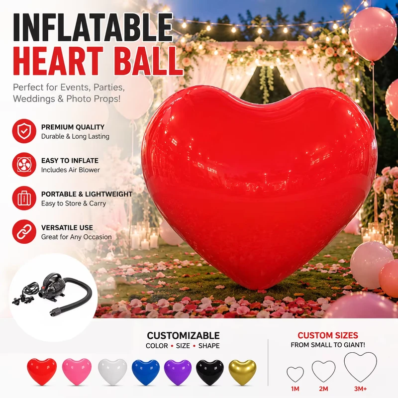 Balão Insuflável Gigante em Forma de Coração com Bomba de Ar Elétrica, Cores, Tamanhos e Formas Personalizáveis para Eventos