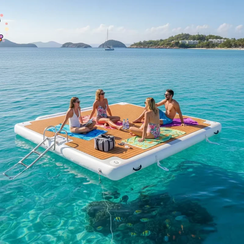 Plataforma Flotante de Piscina Inflable Gigante Estructura de Ocio Comercial con Escalera y Parte Superior de Madera