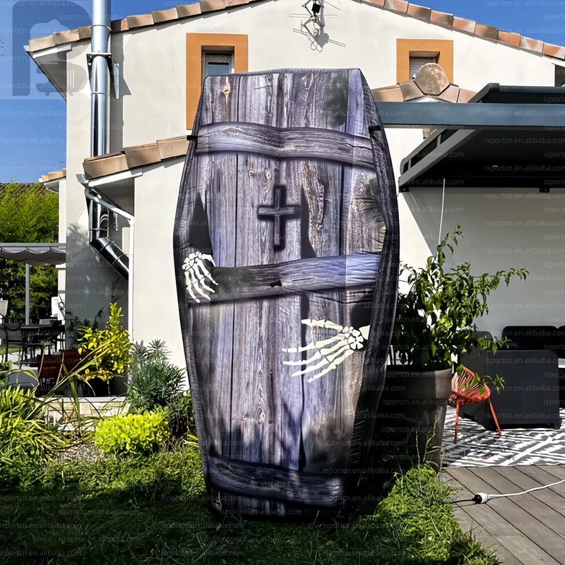 Riesiger aufblasbarer Holzsarg mit Skeletthänden, Halloween-Grabschrein für Geisterhaus, Einzelhandel, Werbe-Horrordekor