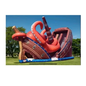Giant PVC Mesh Cloth Inflatable Dry Slide Castle Private Boat with Red Octopus Game Onland