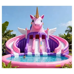 Giant Pink Unicorn Inflatable Water Slide Park for Kids Outdoor Backyard Inflatable Pool with Triple Slide Summer Water Toy