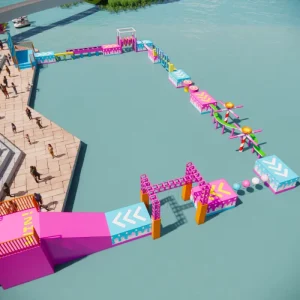 Curso de obstáculos inflable gigante para fiestas en la piscina con alfombrillas flotantes y elementos desafiantes