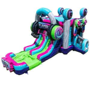 Glitch Gamer Inflatable Bounce House Water Slide Gamepad Themed Bouncy Castle with Slide Inflatable Combo
