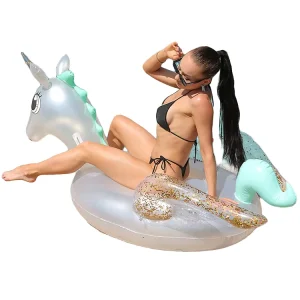 Flutuador Inflável de Piscina com Glitter, Unicórnio, Cavaleiro Flutuante para Adultos