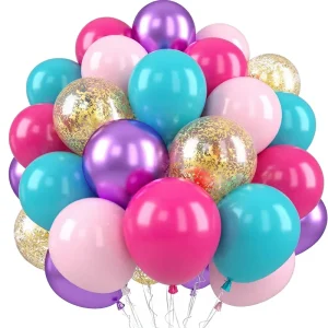 Set de globos metálicos de confeti en rosa brillante, azul, púrpura, verde azulado y dorado para cumpleaños de chicas, baby shower, bodas y despedidas de soltera