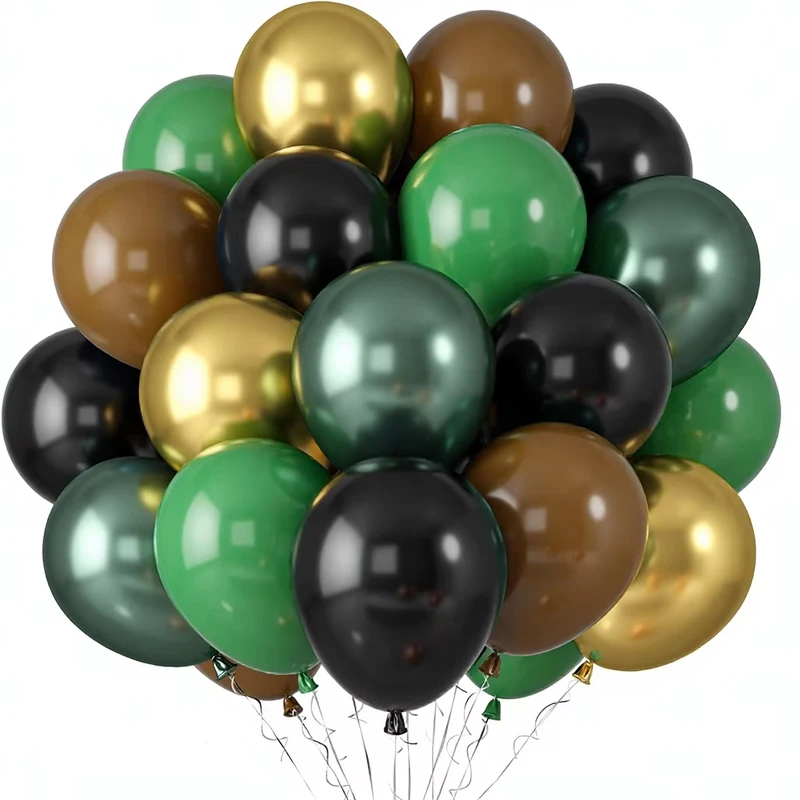 Grün, Braun, Dunkel-Emerald, Camouflage, Metallic Gold Ballons Set für Camping, Dschungel-Thema, Armee, Geburtstag, Babyparty