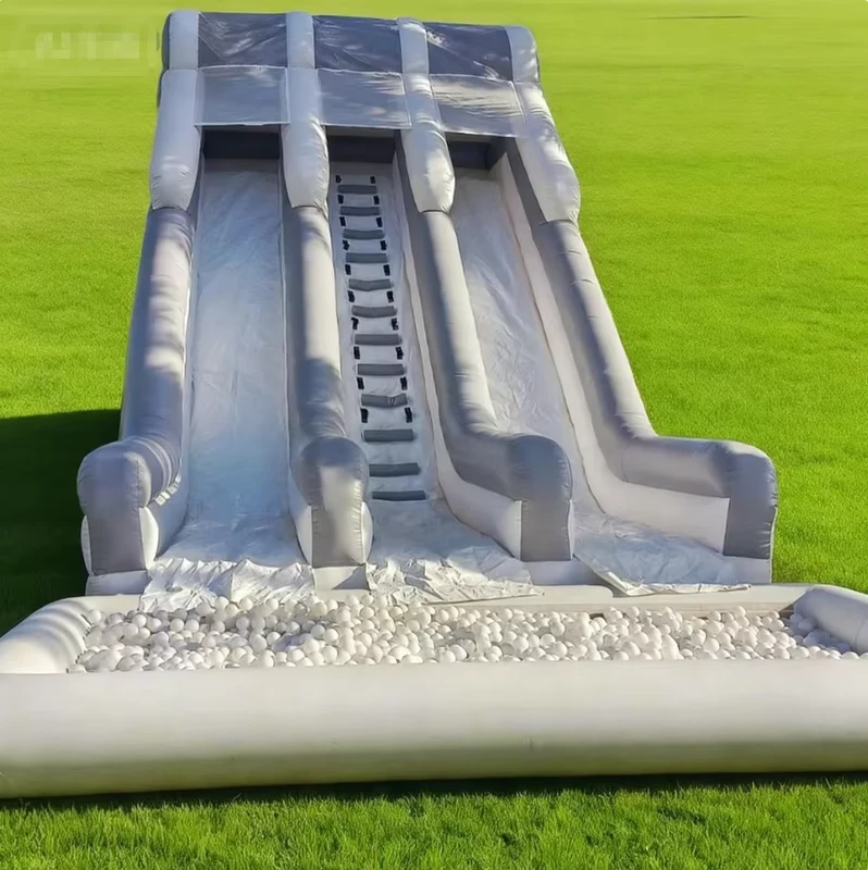 Grey White Inflatable Dry Slide Commercial Double Lines Slide Inflatable Water Slide with Pool Slide for Parties Summer Events