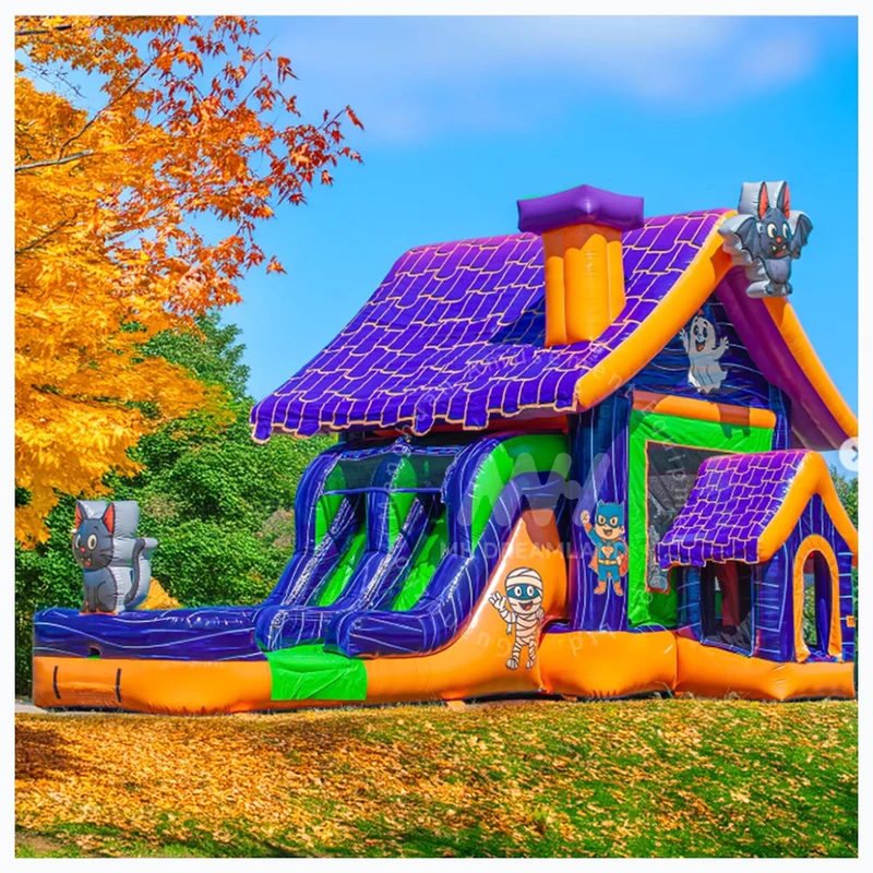 Combo inflable de Halloween, casa de rebote con tobogán, castillo inflable de calabaza, material PVC, fácil de montar para decoración de fiestas al aire libre