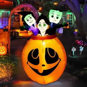 Halloween opblaasbare horrorheks in een pompoenemmer LED verlichting buitendecoratie ornament