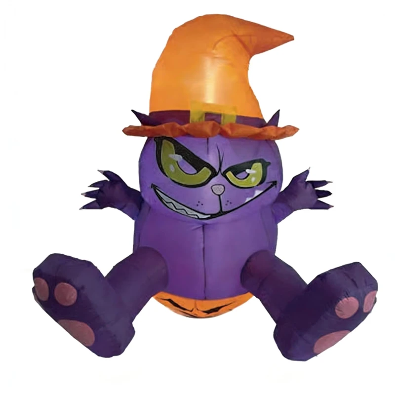 Gato bruja inflable multicolor de Halloween con sombrero naranja y luces LED de murciélago, decoración espeluznante para el jardín, 6-8 pies