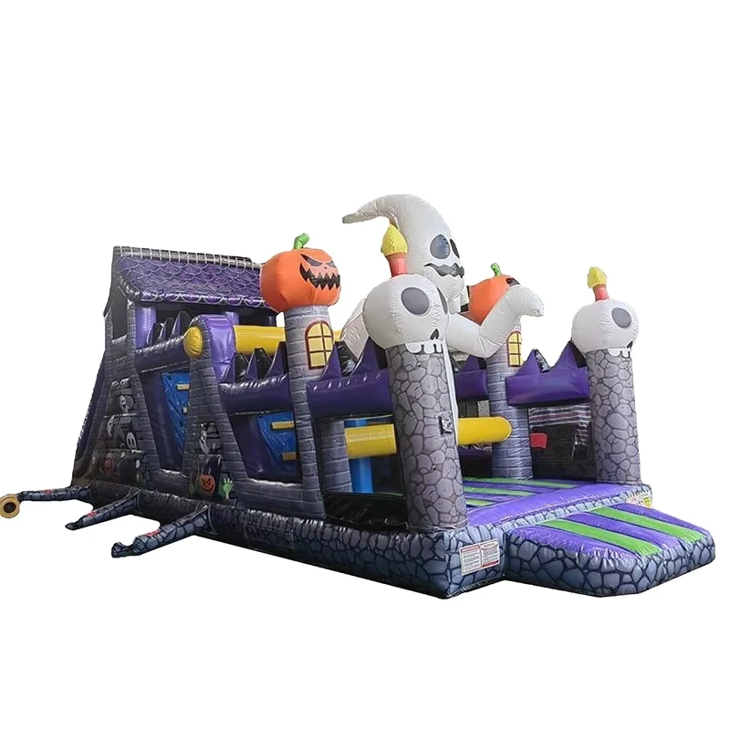 Halloween Inflatable Obstacle Course Ghost Cartoon with Bouncy Slide Race Games