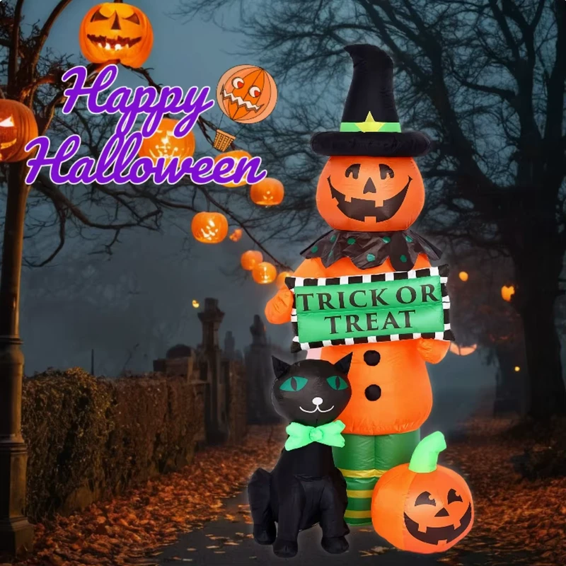 Aufblasbarer Halloween-Kürbis-Mann mit schwarzer Katze, LED-beleuchtete aufblasbare Garten-Dekoration für Halloween-Party im Freien