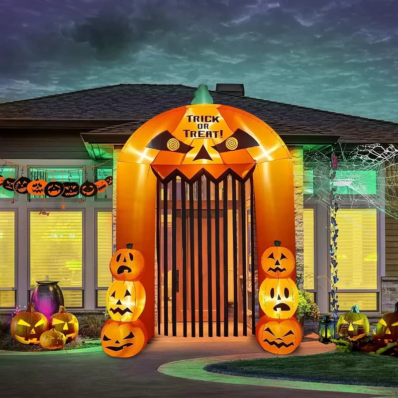 Halloween Inflatable Stacked Pumpkins with Black Curtain Arch LED Lit Inflatable Decoration for Outdoor Yard Display