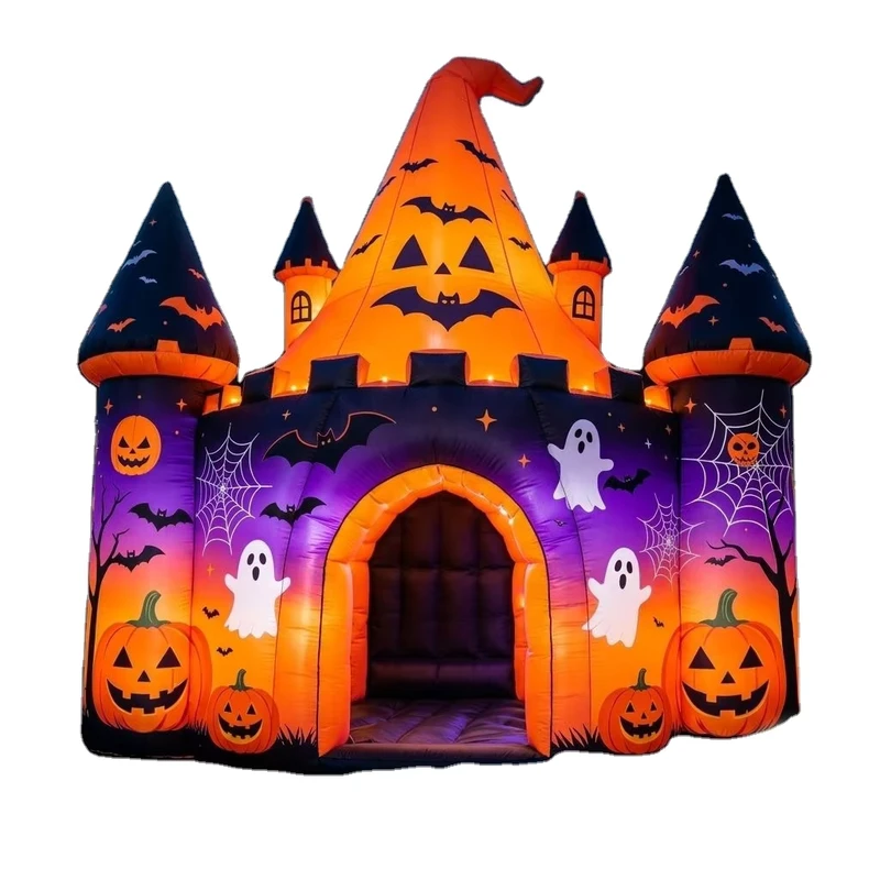 Halloween-Kürbis-Schloss-Monster aufblasbare Dekoration mit riesigen LED-Lichtern, gruseligem Lufttänzer, UV-Druck und eingebautem Ventilator