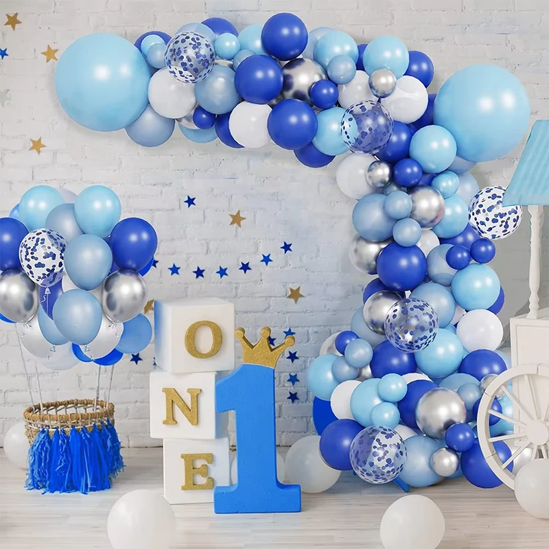 Happy Baby Shower Birthday Party Decoration Supplies Royal Blue Light Blue Sky Blue White and Silver Balloon Garland Kits Set