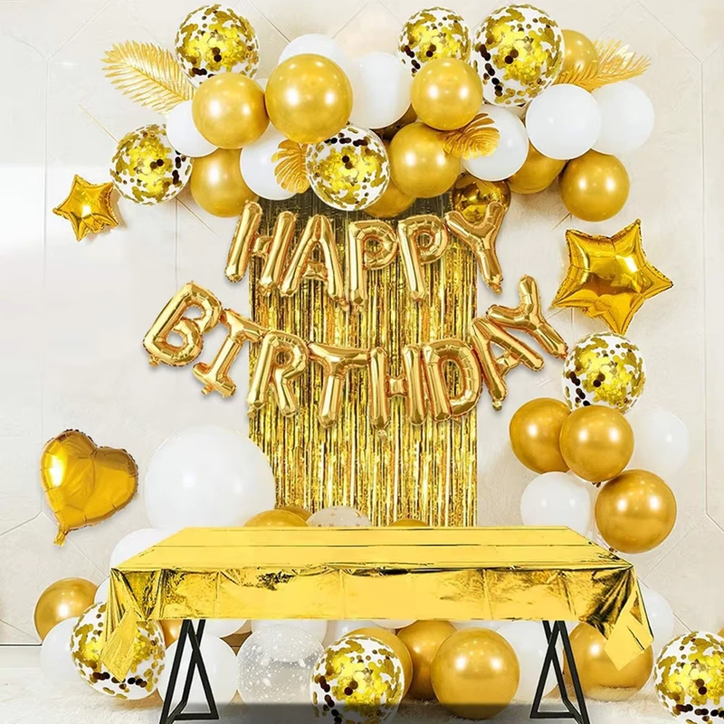 Decorazione per Festa di Compleanno Felice, Palloni in Foil a Forma di Cuore e Stella e Palloni in Lattice Oro e Bianco
