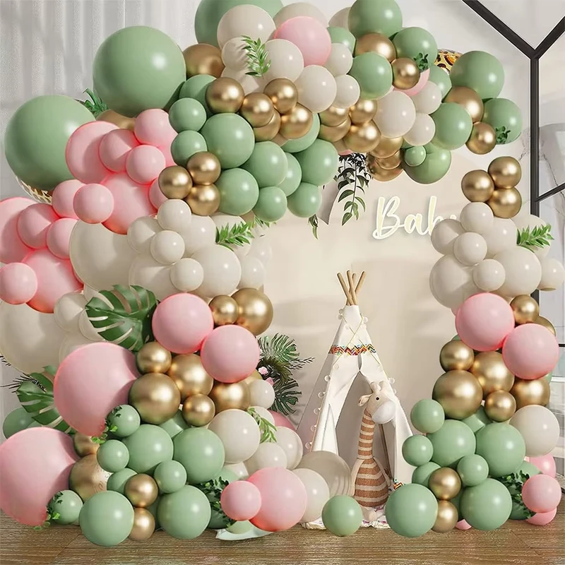 Decoração de Festa de Aniversário de Casamento de Bebé Avocado Verde Rosa Areia Branco Cromado Dourado Kits de Arco de Balões