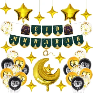 Happy Eid AlFitr Theme Banner Moon Star Umrah Mylar Ramadan Helium Eid Mubarak Latex Decoration Foil Party Balloon Set