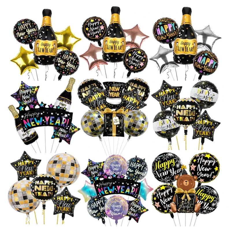 Ensemble de 5 ballons en aluminium Mylar gonflables pour la fête du Nouvel An, décorations de fête