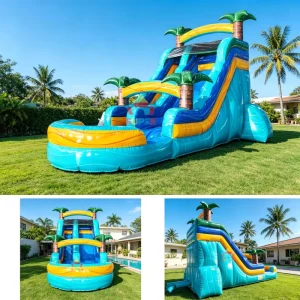 Toboggan aquatique gonflable à thème hawaïen avec palmiers, glissade tropicale commerciale pour fête d'été