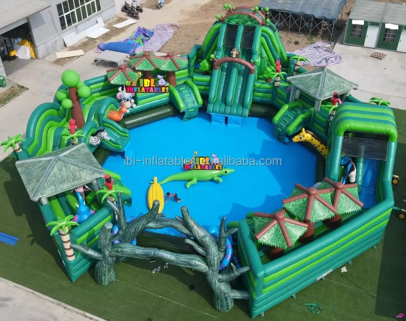 Parque Aquático Inflável Tropical Gigante de 0.55mm PVC, de Uso Comercial, para Crianças e Adultos, para Festas ao Ar Livre