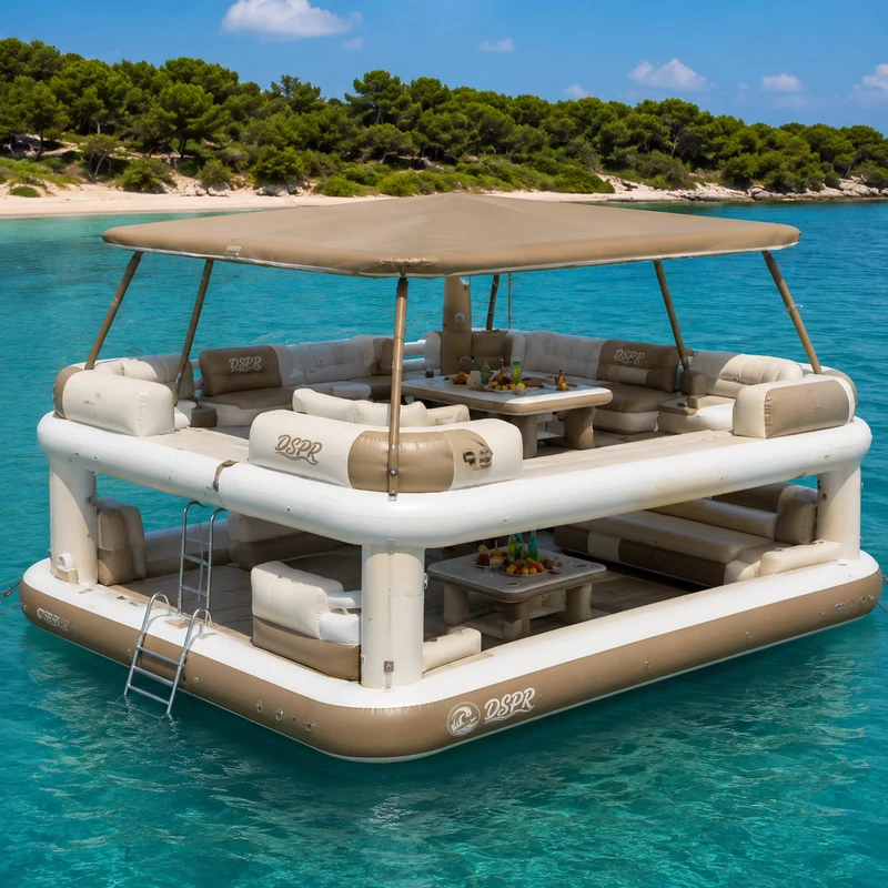 Sofa flottant gonflable à double étage, résistant, avec table et chaises pour utilisation en location dans les stations