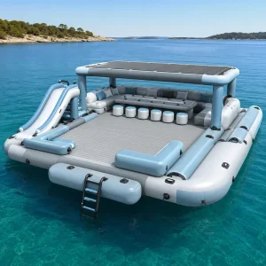 Robuste aufblasbare Wasserpark-Schwimmplattform mit Rutschen, Sonnendach, Lounge, Dock, Sofa und Tisch für Resort-Projekte