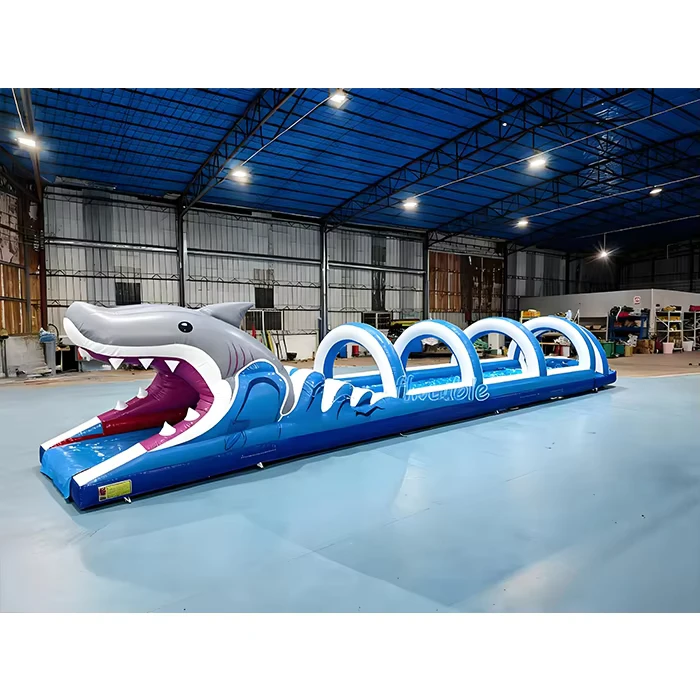 Tobogán inflable de agua de gran resistencia, tiburón gigante, piscina de mármol verde con diseño de deslizamiento