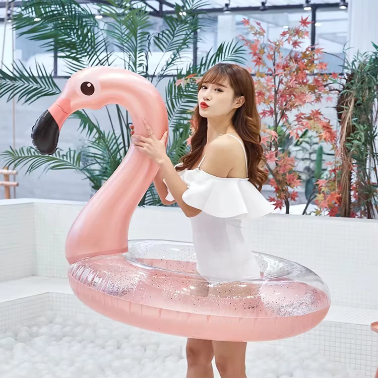 Pelampung Kolam Flamingo Inflatable Glitter Berkualitas Tinggi 90 120, Cincin Berenang Inflatable untuk Pantai, Kolam, Sungai