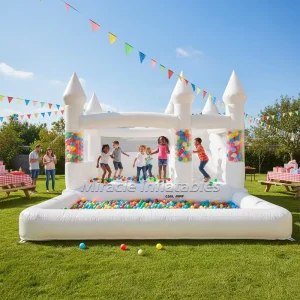 Château Gonflable Blanc Personnalisé de Haute Qualité pour Mariage et Fête avec Toboggan et Ballons Prix d'Usine