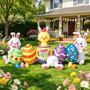 Holiday Outdoor Yard LED Light Decorations Cross Border Easter Eggs Rabbits and Chicks Cartoon Inflatable Toys