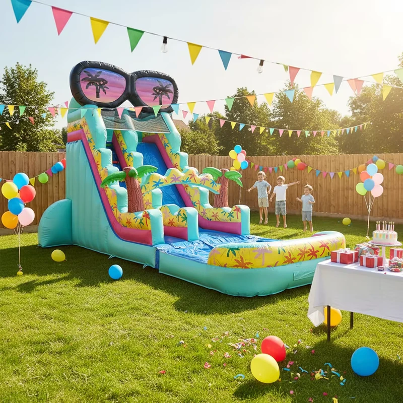 Thuis & Commercieel Binnen- en Buiten PVC Opblaasbare Glijbanen & Bouncer Combo Waterglijbaan Palm Pool Glijbaan