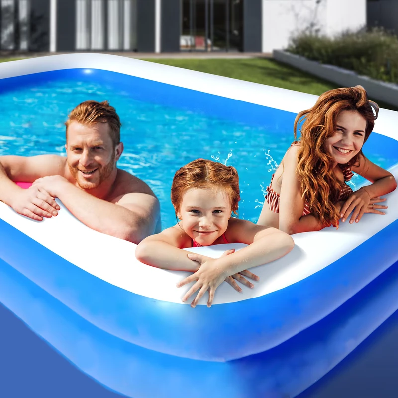 Piscina Gonfiabile per Famiglia e Bambini, Forma Quadrata Blu+Bianco, Facile da Installare, Esterno
