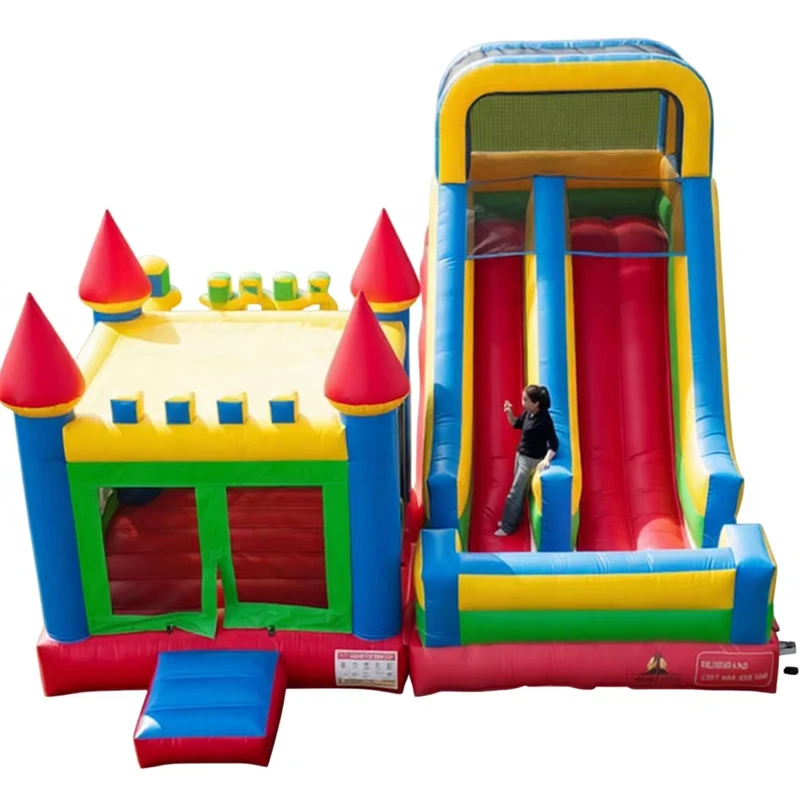 Kastil Lompat Inflatable Kombinasi Seluncur, Tarpaulin PVC Ramah Lingkungan 0.55mm, untuk Anak-anak, Ukuran 5m X 5m X 3.5m, Penggunaan Komersial Maksimal