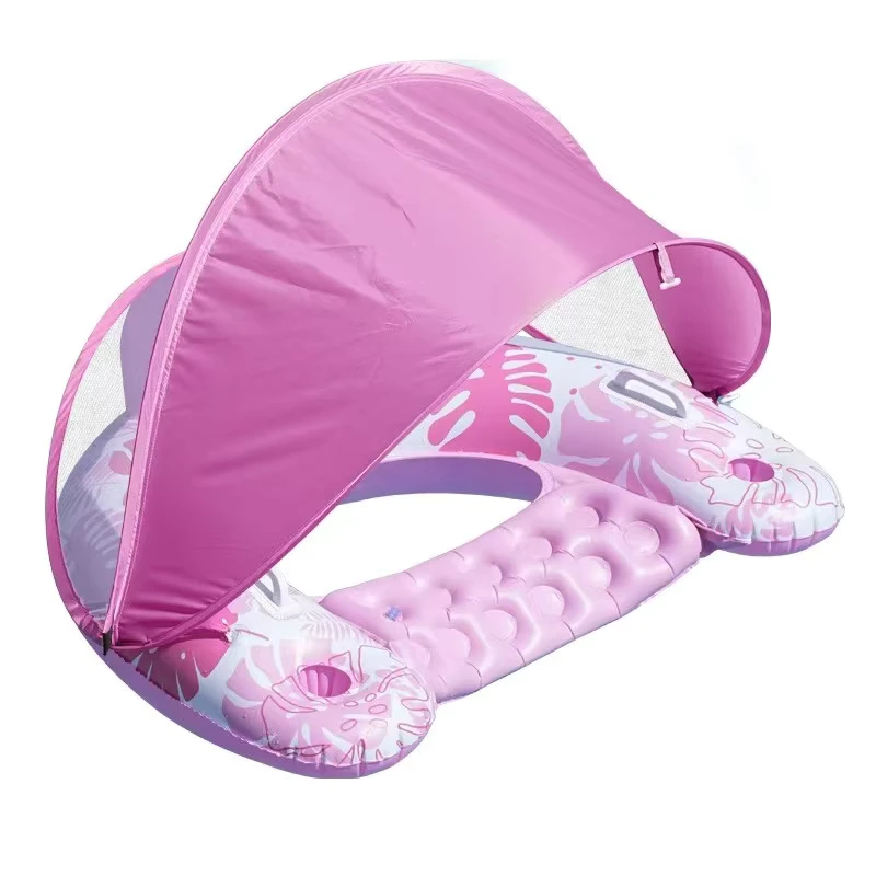 En stock, tumbona inflable en forma de U, sofá de aire con patrón de hojas engrosado con toldo, silla flotante de piscina