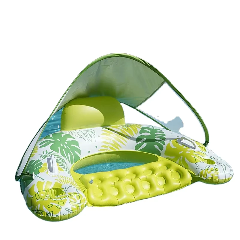 Loungers Infláveis em U em Stock, Sofá de Ar com Padrão de Folhas Espessadas com Toldo, Cadeira Flutuante de Piscina