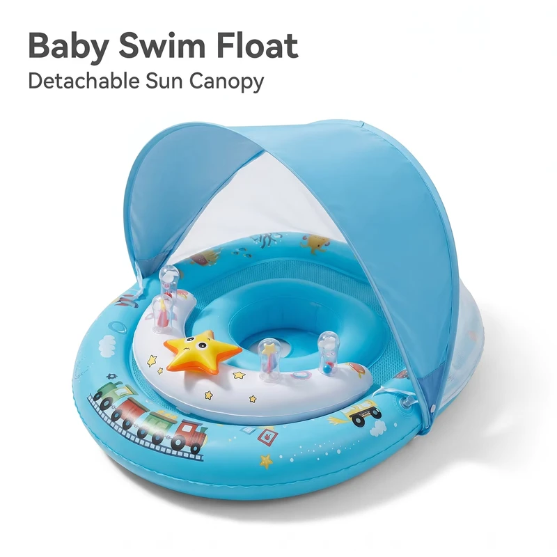 Infant Pool Float with Detachable Sun Canopy Baby Swim Ring Double Air Chamber Pool Seat