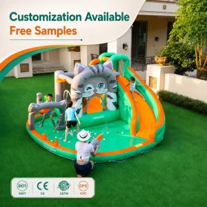 Inflables Water Slide Oxford Cat Theme Bounce House Combo Backyard Event Bouncy Castle with Pool Mesh Guard Play Area