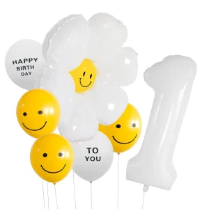 Inflatable 40” Large 0-9 Number White Daisy Flower Printed Happy Birthday Latex Round Balloon Set for Children Party Wed Decor