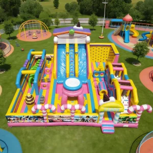 Parc d'aventure gonflable avec plusieurs zones de jeu pour divertissement commercial